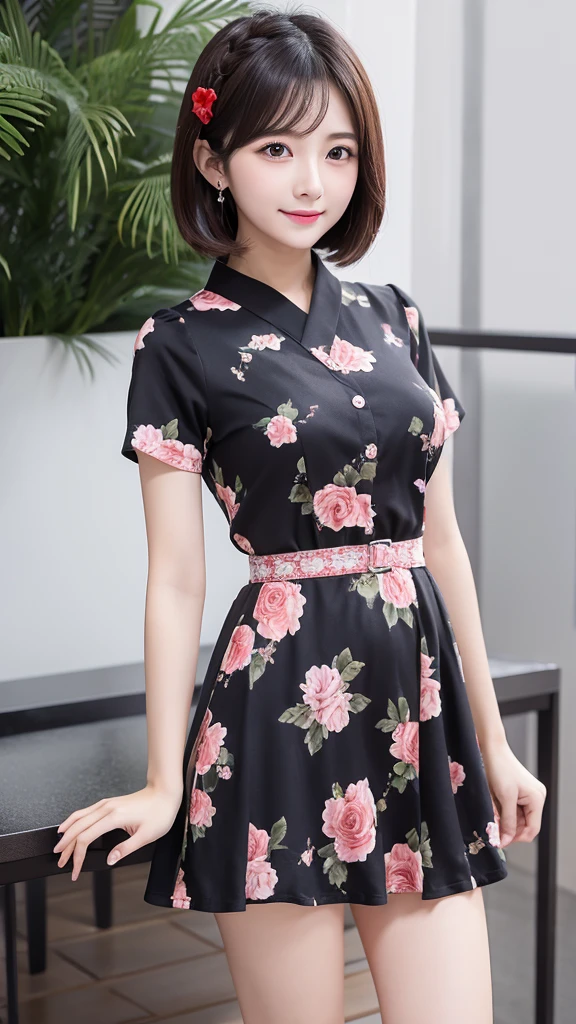 ((Highest quality)), ((masterpiece)), (detailed), One girl, sexly、Busty Japanese woman、Black Hair, Beauty、Embarrassed expression、whole body、Angle from below、mini skirt、Bob Hair、Floral print dress