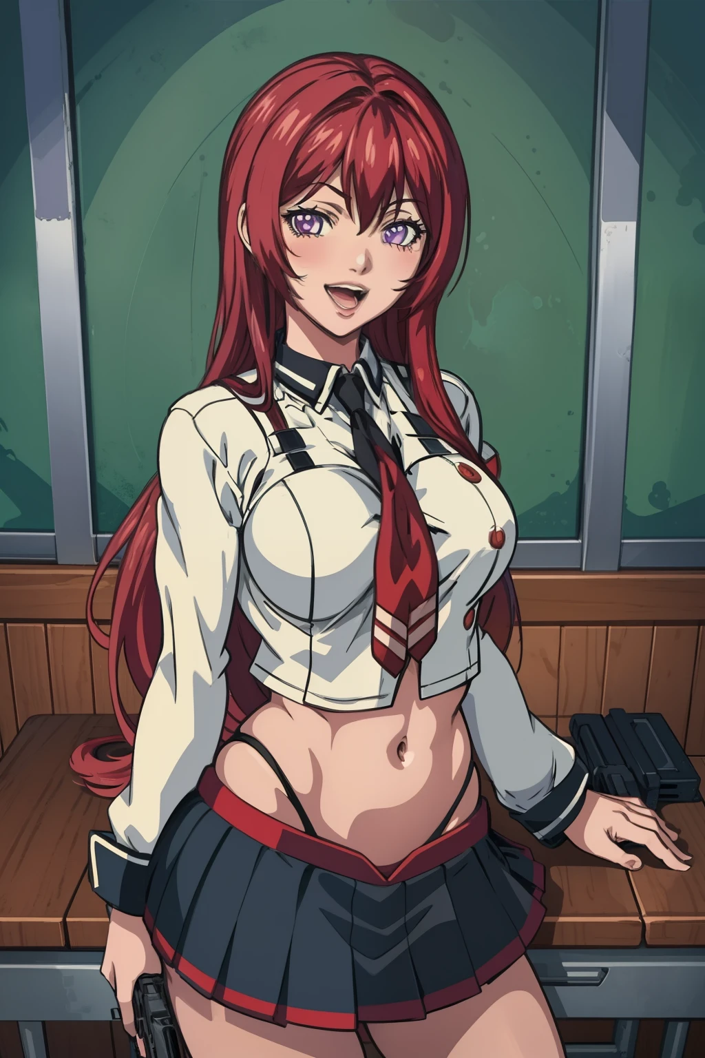 (high quality:1.2), intricate detailed, digital art,
(TakashiroGaiden:1.1), 1girl,  solo,
looking at viewer, smirk,
purple eyes, long hair, red hair,
anime girl with long hair, beautiful long haired girl, blush, lipstick, masterpiece, best quality, highly detailed, a anime girls in sailor uniforms with a gun posing for a picture,
evil smile, smile, open mouth,black_serafuku, ecchi anime style, anime girls , (nsfw) not safe for work,
ecchi style, ecchi, shipgirls, digital anime art!!, high school girls, holding a gun, hold a gun, anime style 4
k, micro skirt, exposed belly, exposed navel, exposed midriff,
exposed lower belly,school, classroom, 