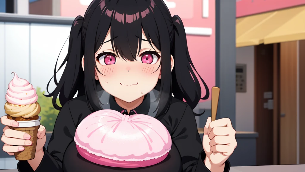 One girl,Black Hair,Pink eyes,(blush:1.1)、Embarrassed face、 ((Heavy breathing:1.3)), like, smile、Big Breasts、whole body,I'm eating ice cream