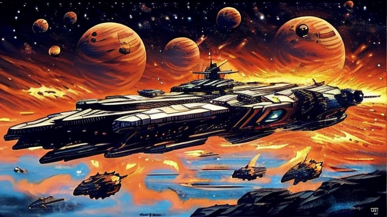 A battle scene unfolding in planetary orbit。Beautiful planet environment in the background, Shining Star々, Outer space expands、A fierce battle is taking place near the planet.。Lasers fired from spaceships and defense stations, Exploding missile, Explosion effects added、The thrill and tension of war are expressed.。The designs of battleships and aircraft are futuristic.、The details are depicted in detail.。
