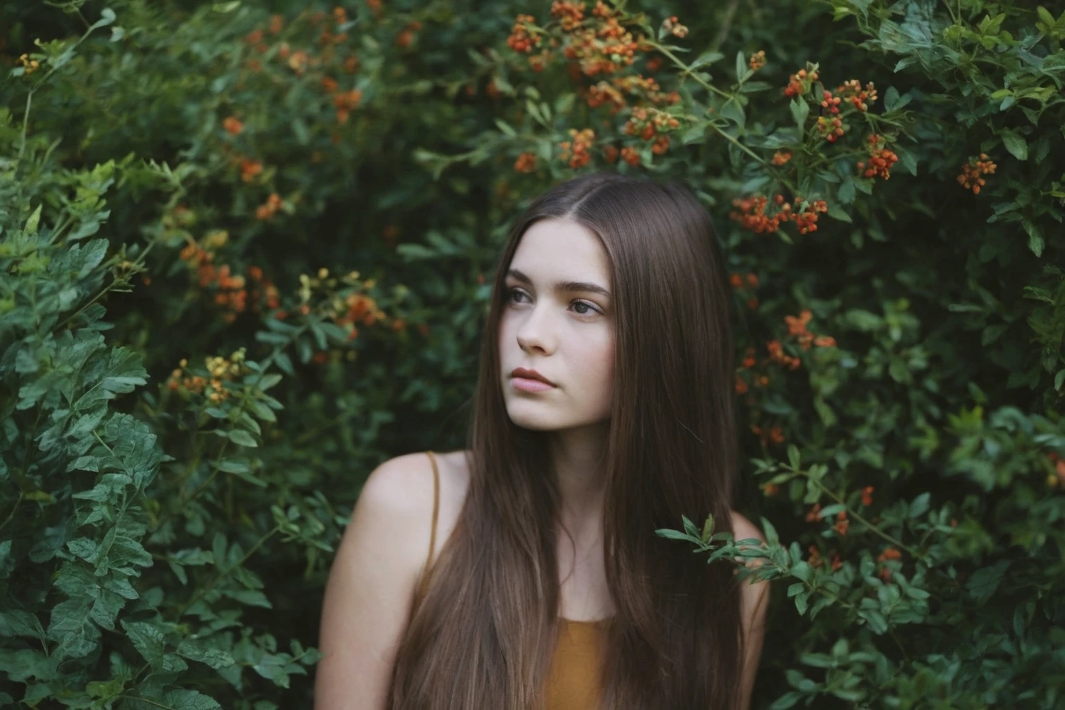 arafed woman with long brown hair standing in front of bushes, infp young woman, amongst foliage, girl with brown hair, girl with long hair, 50mm portrait, 7 0 mm portrait, young with long hair, girl in flowers, a beautiful young woman, 3 5 mm portrait, beautiful young girl, monia merlo, 60mm portrait