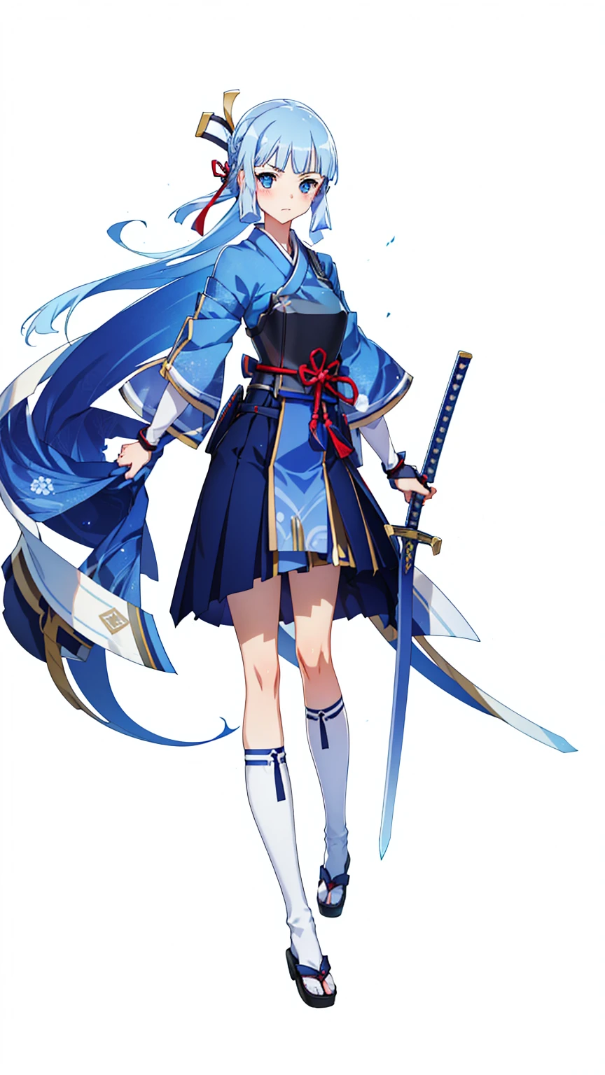 View the viewer, 1 Girl,  Highest quality, Blue Hair, blue eyes, Japanese style armor, Sword in hand, electricity, kamisato ayaka, whole body, blush, Serious face、Very detailed、high resolution、High resolution、Written boundary depth,White Background,A sword as big as your body