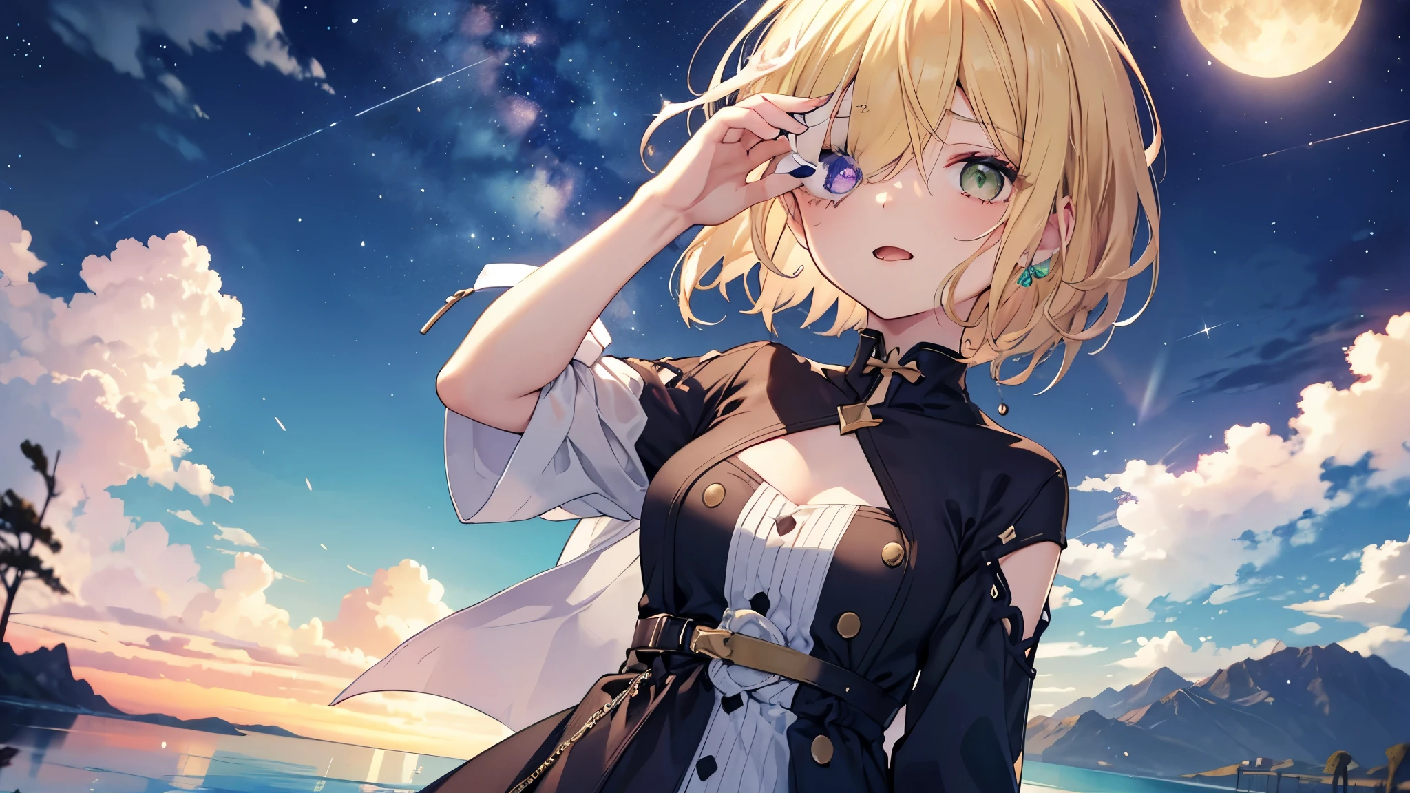 dress, Green Eyes, fine grain、blonde、Multicolored Hair、Inner Color、Wavy Hair、 short hair、28-year-old female、(((((Close one eye)))))、((((yawn)))),((((1 Girl))))、smile、Beautiful night sky、8K background、Medium Chest、whole body、Woman Standing On The Surface of the Lake、Uyuni salt lake、No sleeve、Beautiful fingers
