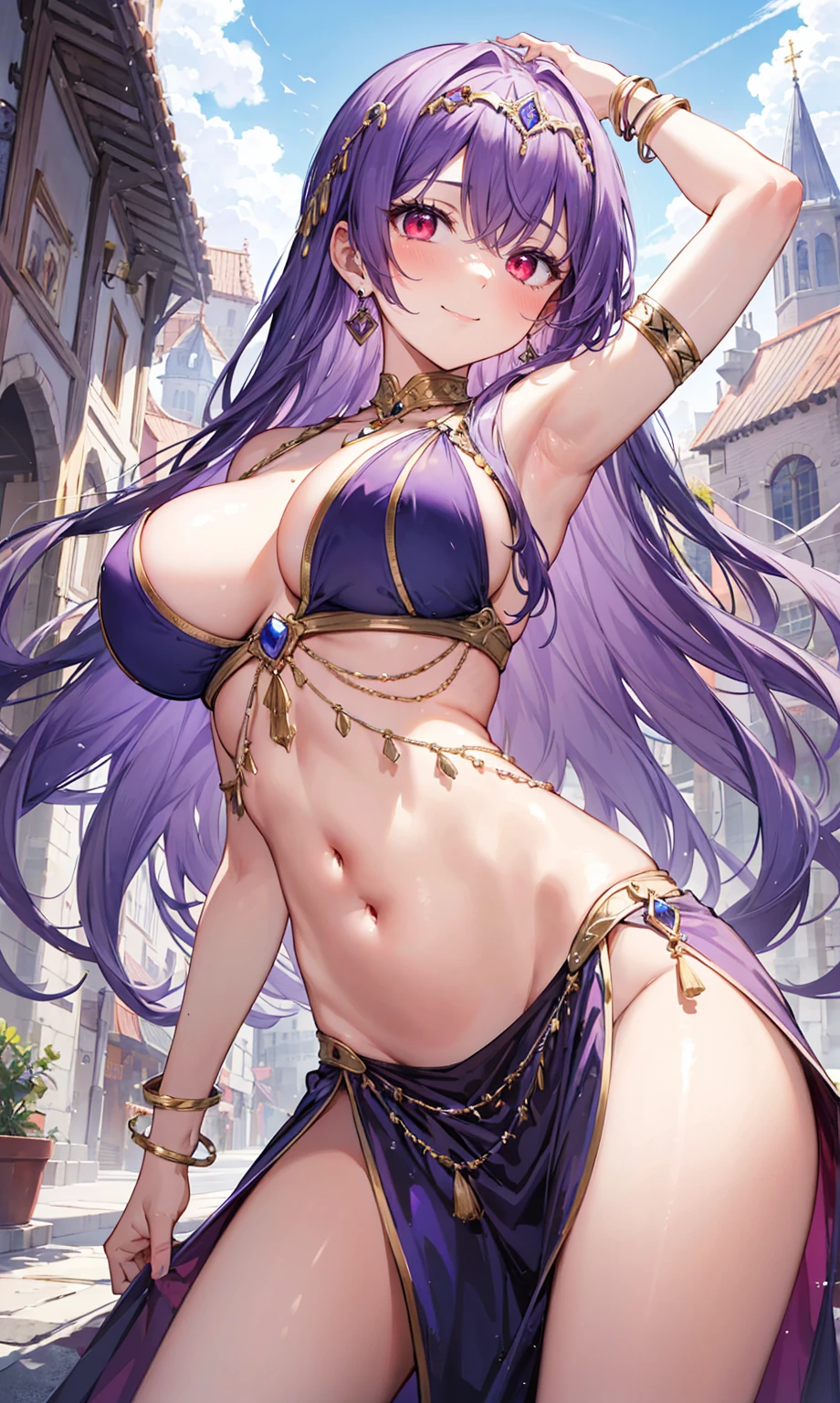 high quality, ultra detailed, best quality, insanely detailed, beautiful, masterpiece, 1girl, medieval plaza, cowboy shot, red eyes, long hair, purple hair, belly dancer, circlet, earrings, armlets, bracelets, bashful smile, large breasts, cleavage, soft stomach