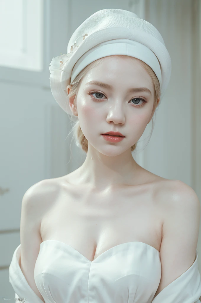 arafed woman in a white hat and dress with a red lip, pale porcelain white skin, guweiz, guweiz masterpiece, artwork in the style of guweiz, soft portrait shot 8 k, pale young ghost girl, porcelain white skin, by Russell Dongjun Lu, pale milky white porcelain skin, elegant lady with alabaster skin