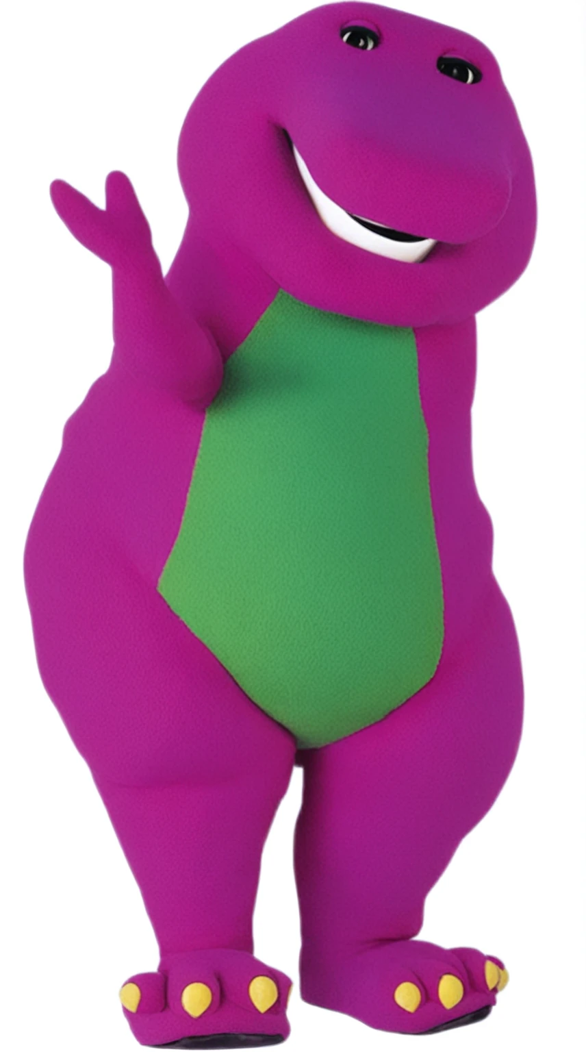 a close up of a purple dinosaur mascot with a green shirt, barney the dinosaur, barney the purple dinosaur, retired barney, full body mascot, barney and friends, plush mascot, claymation character, as a claymation character, pink iconic character, purple body, grimace, toonix character, full body with costume, lumpy skin, cereal mascot