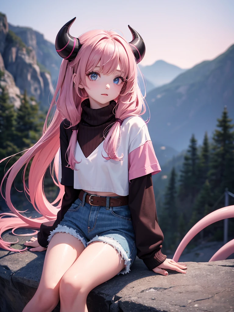 A single pale-skinned girl, bicolor eyes having one red and one brown, waist-length wavy light brown hair with two black strands, pastel purple sweater, denim shorts, a pink scarf with a blue line in the center on the neck, pink demon horns with pastel blue and pink and pastel blue demon tail sitting on a rock on a mountain while the moonlight illuminates it 