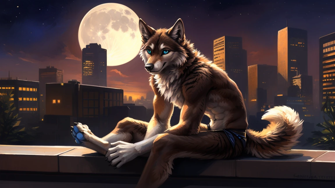 ((Solo)), male people, anthro wolf, (Multi-colored fur, White-brown:1.3), ((Wolf face, Big eyes, White eyelids, Blue pupil, Slim:1.2) (Tough, Calm expression:1.2)), (Height 2.1 meters,Tail length 1.5m), Abs, Slim, pinging, (Correct anatomy), (Contour bone:1.2), The upper body is naked, (detailed outfits), a long large tail，Feet，(Realistic fur, Detailed fur texture, labeled:1.3)), (Natural lighting), Photorealistic, Hyperrealistic, ultradetailed, by Kenket，In the modern city，Roof，the night，Sit alone，Look at the full moon，It was dark，Starry