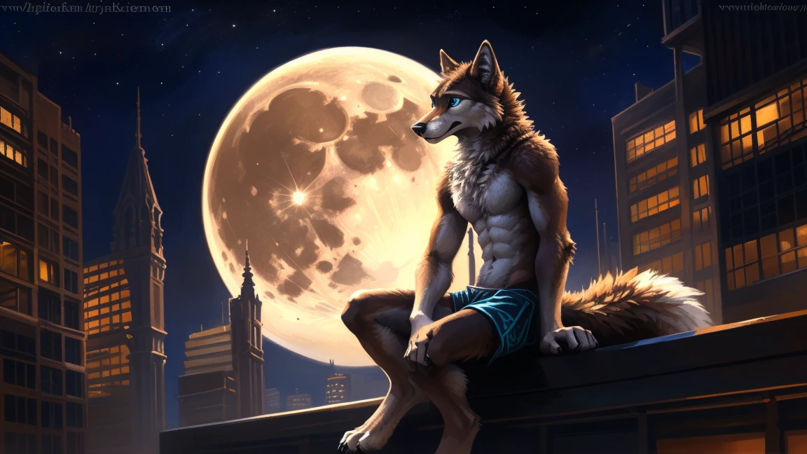 ((Solo)), male people, anthro wolf, (Multi-colored fur, White-brown:1.3), ((Wolf face, Big eyes, White eyelids, Blue pupil, Slim:1.2) (Tough, Calm expression:1.2)), (Height 2.1 meters,Tail length 1.5m), Abs, Slim, pinging, (Correct anatomy), (Contour bone:1.2), The upper body is naked, (detailed outfits), a long large tail，Feet，(Realistic fur, Detailed fur texture, labeled:1.3)), (Natural lighting), Photorealistic, Hyperrealistic, ultradetailed, by Kenket，In the modern city，Roof，the night，Sit alone，Look at the full moon，It was dark，Starry