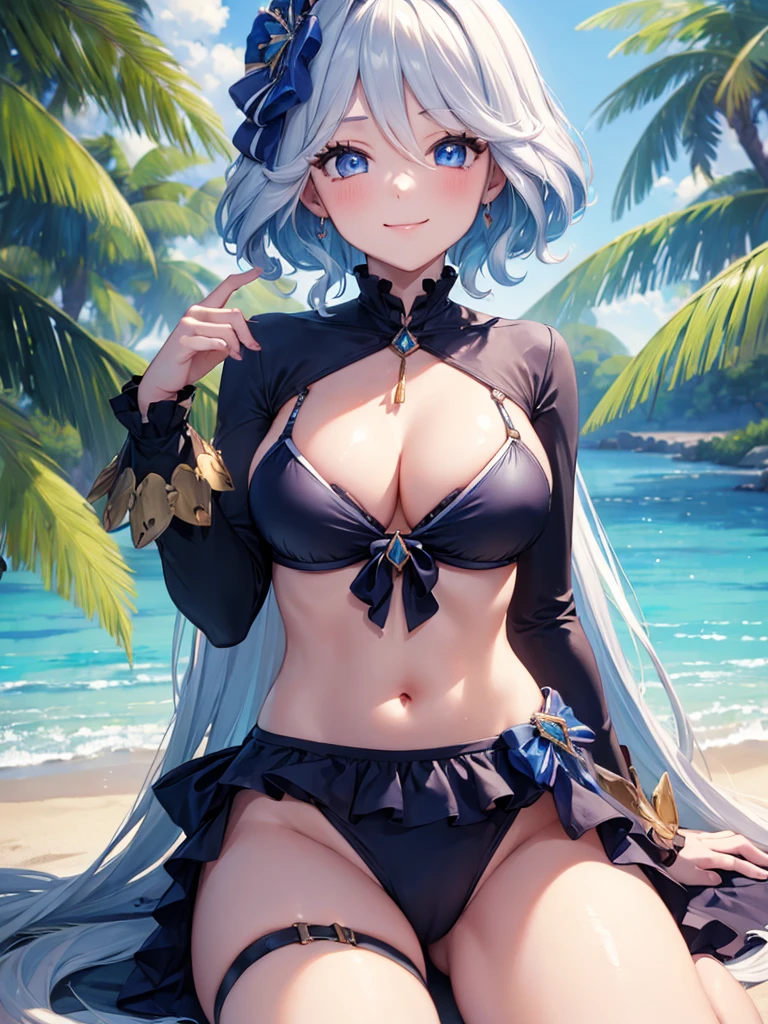 (masterpiece:1.5),(Beat quality),(high res),1girl solo,beautiful face,smile(shining eyes),upper body,light effects,Furina,Swimwear