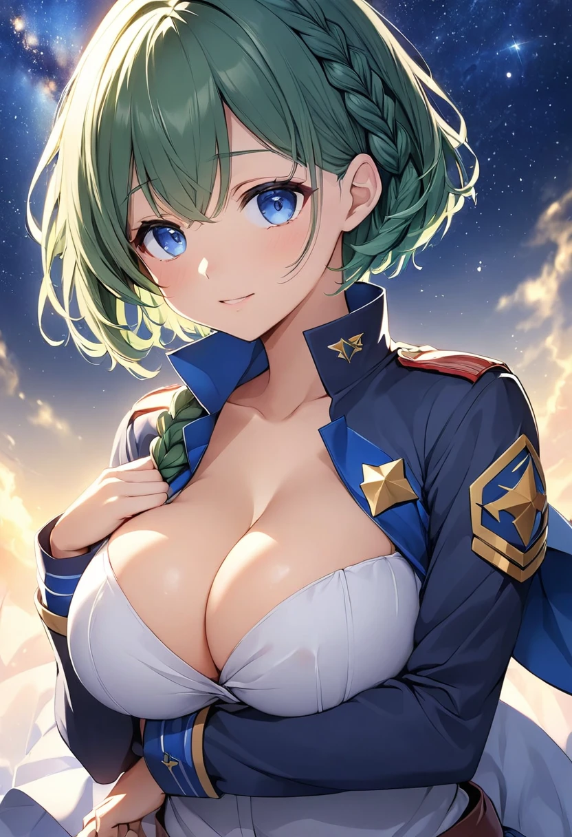 Blue-green hair girl Blue Eyes Short Hair レッサーパンダstuffed toyCカップ Warrior uniform Long sleeve Cleavage Breast milk stuffed toy Embrace Braided Hair Arrangement The background is a starry sky like the universe Ready your sword