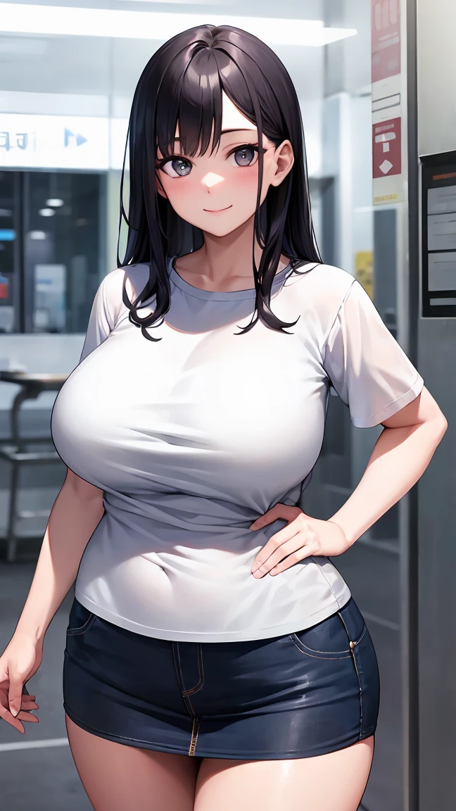 A 45-year-old married Japanese woman with a plump body and big smile is standing on near the station. She is wearing a short sleeve shirt and a miniskirt, and her huge breasts are bursting out of her clothes. Her long black hair is shiny and her skin is very shiny after applying oil, giving her a radiant and glowing appearance. She is looking straight at the viewer with a peaceful face and her whole body is reflected in the image. The image quality is extremely detailed and of ultra-high resolution, making her look very realistic.
