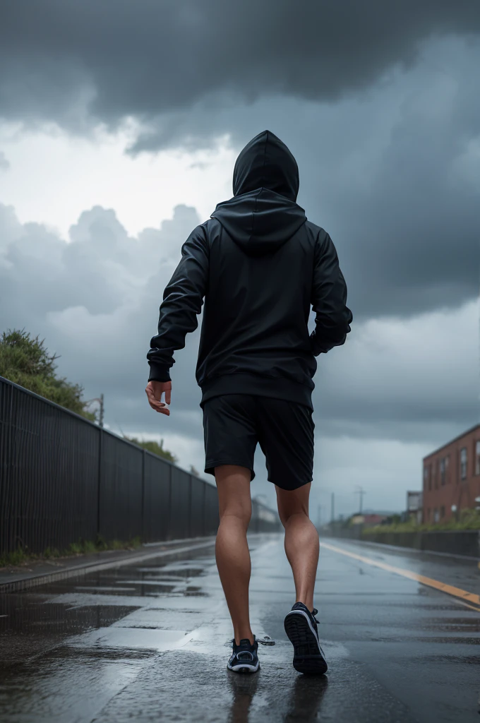 Person with back view and hoodie running in the rain with the sky covered in dark clouds