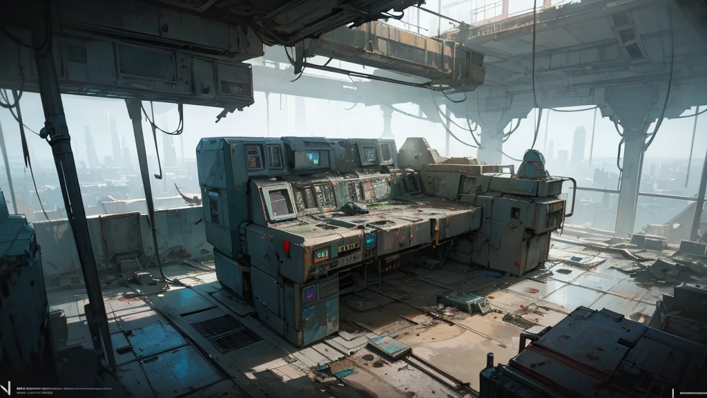 interior of an abandoned futuristic cosmodrome, control panel, isometric view, high quality, 8k, cinematic lighting, detailed machinery, metallic surfaces, cracked and worn walls, dust and debris, eerie atmosphere, abandoned space station, science fiction, cyberpunk