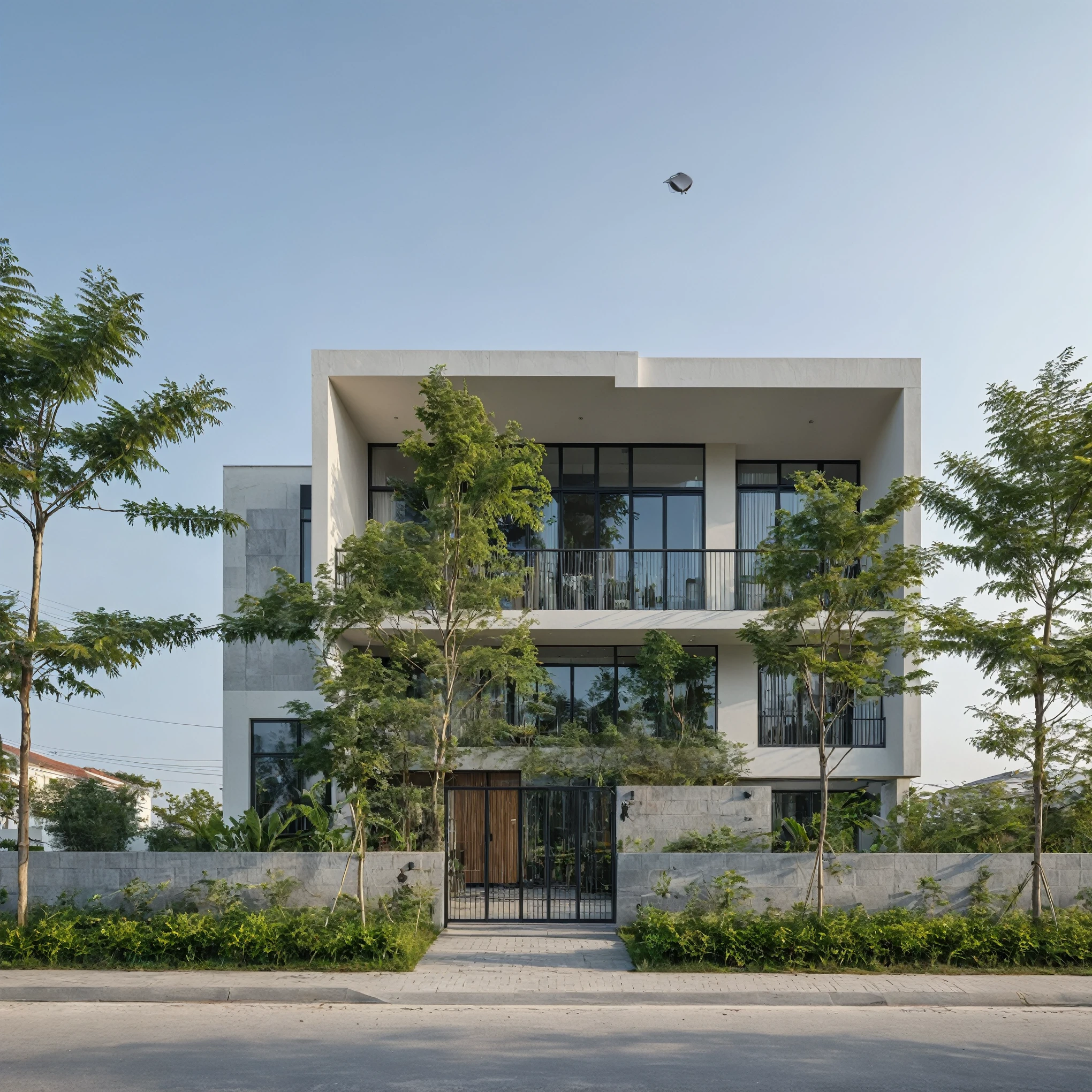 Raw photo, Masterpiece, high quality, best quality, authentic, high realistic, super detail, Realistic green tree exterior, outdoors, Tuonghoagio, house, modern stytle, on the street, wind flower wall, glass windows, GRAY STONE wall, GRAY metal gate, metal railing, house style modern on the street road, pavement, grass, trees, sky, cloud, (daylight:1.1)