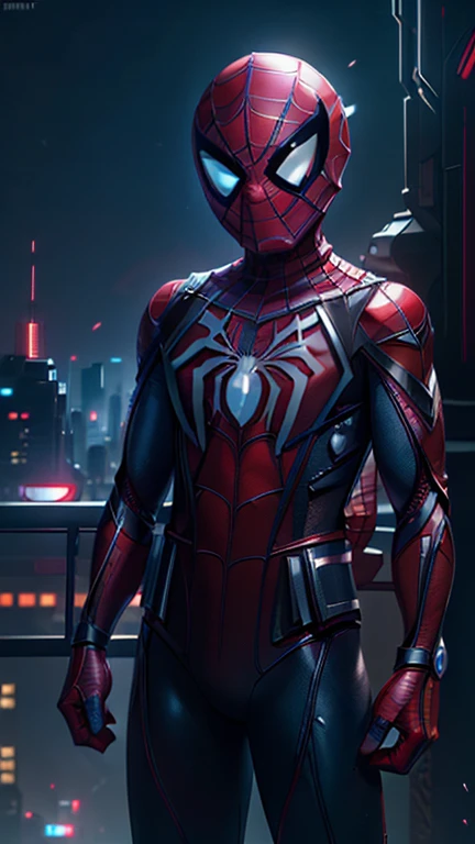 best quality,masterpiece,1boy,solo,(((13years old))),japanese boy,an extremely cute and handsome boy,highly detailed handsome face and eyes,petit,cute face,lovely face,baby face,shy smile,show teeth, Blonde hair,short hair,flat chest,skinny,slender,(((wearing Spider-Man costume,red superhero helmet,black hero mask style))),(((standing in Dark Midnight Neon Glow light CyberpunkAI Metropolis city))),he is looking at the viewer,