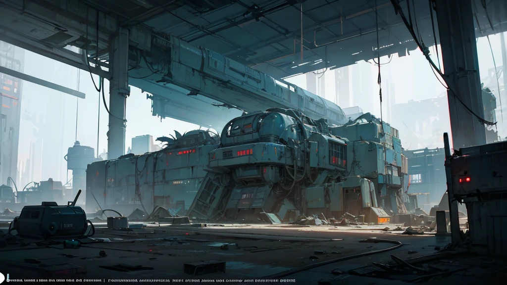 interior of an abandoned futuristic cosmodrome, control panel, isometric view, high quality, 8k, cinematic lighting, detailed machinery, metallic surfaces, cracked and worn walls, dust and debris, eerie atmosphere, abandoned space station, science fiction, cyberpunk