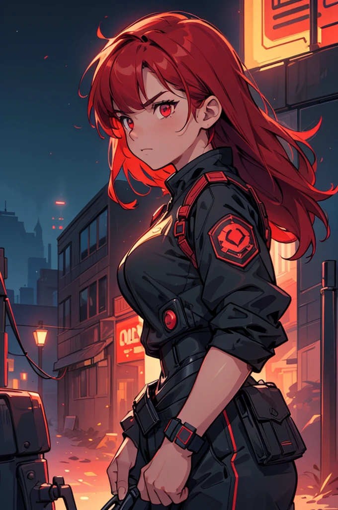 (masterpiece, best quality, detailed face, super detailed, advanced details, highest quality, high resolution, 8K) A cinematographic scene of a serious badass long red hair girl, red eyes, with black techwear clothes, Neon lights and buildings background.