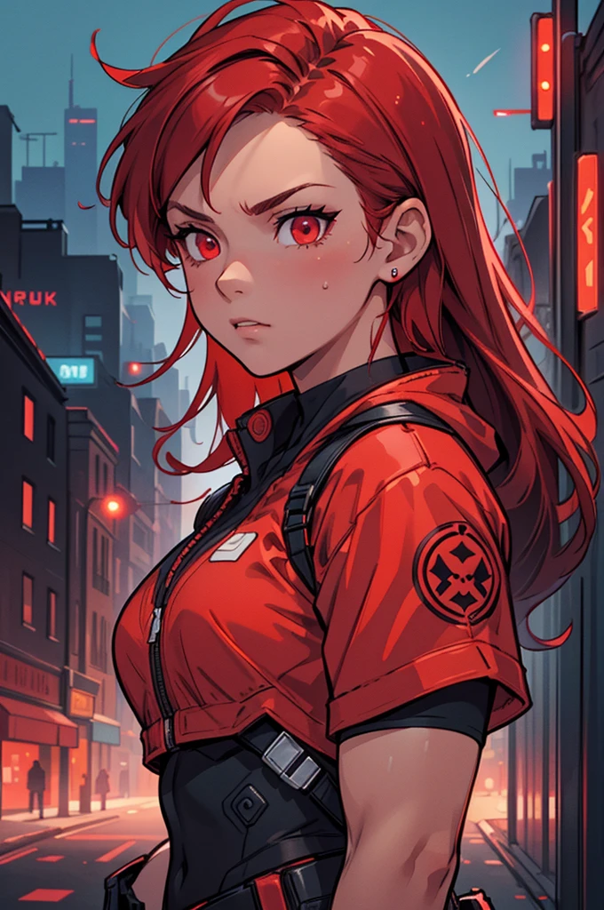 (masterpiece, best quality, detailed face, super detailed, advanced details, highest quality, high resolution, 8K) A cinematographic scene of a serious badass long red hair girl, red eyes, with black techwear clothes, Neon lights and buildings background.