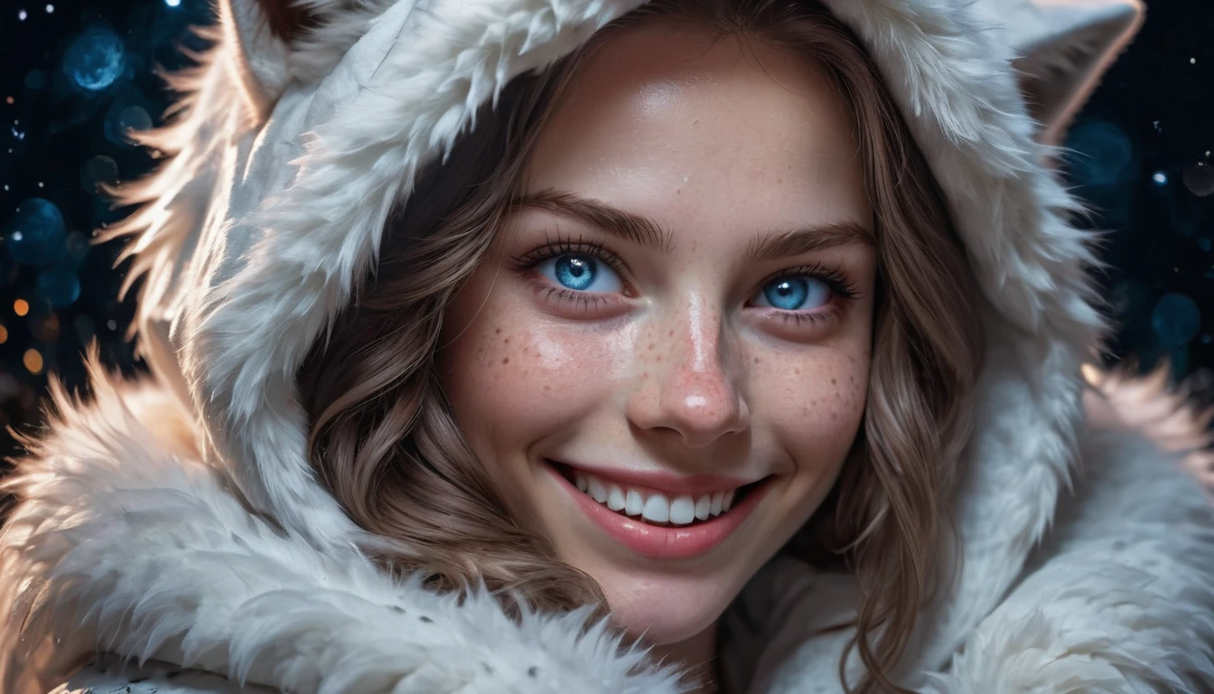 extremely detailed up close photo of a beautiful polar faerie woman smile , with large beautiful icy blue eyes, wearing a white fur coat, hood, detailed jewelry, shy smile, fireworks dark night background, fantasy, elegant, beautiful dark firework sky background, freckles, holding with her best friend her, wolf