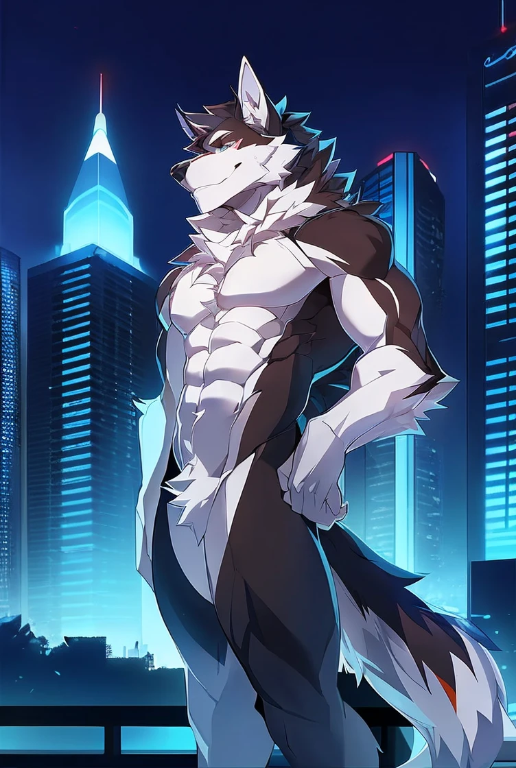 ((Solo)), male people, anthro wolf, (Multi-colored fur, White tail pointed), (Height 3meters,Tail length 2meters), Abs, pinginuscular, A long big tail, by patto, modern city