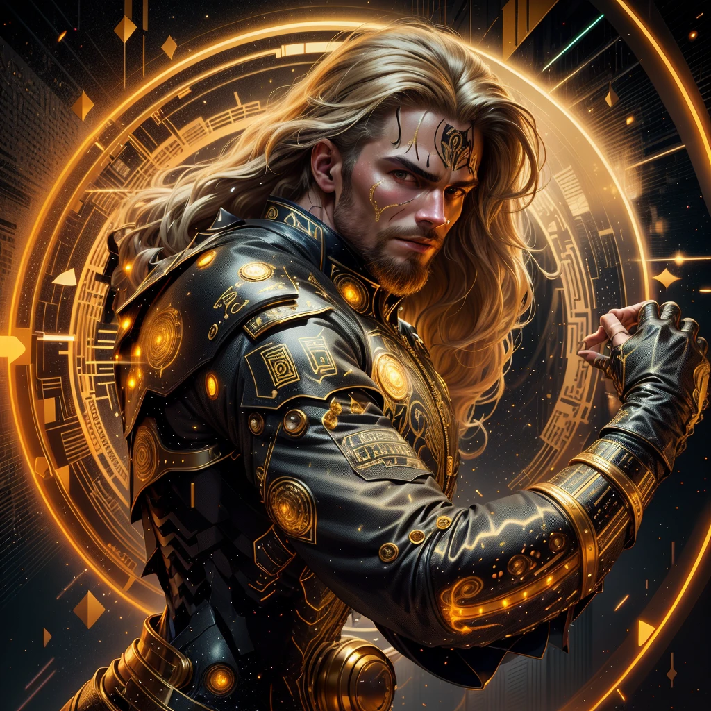 A muscled young beauty man wearing dark gray latex with brilliant yellow hologram ancient unknown characters projected by the suit on the air around him. He has a very long blonde and golden hair. Ultrarealistic Art in 4k. He IS running on a speed light and left behind him E=MC2 and 299 792 458 floating on the air.
