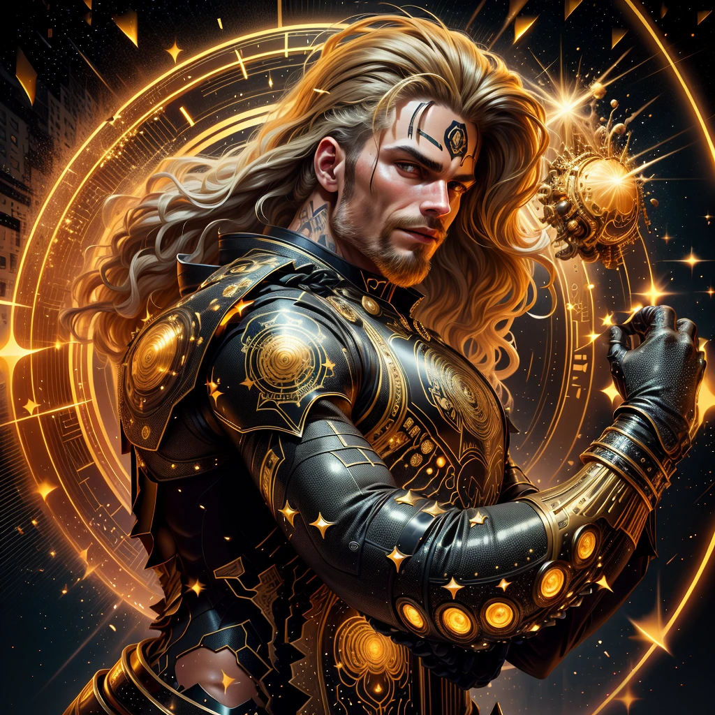 A muscled young beauty man wearing dark gray latex with brilliant yellow hologram ancient unknown characters projected by the suit on the air around him. He has a very long blonde and golden hair. Ultrarealistic Art in 4k. He IS running on a speed light and left behind him E=MC2 and 299 792 458 floating on the air.