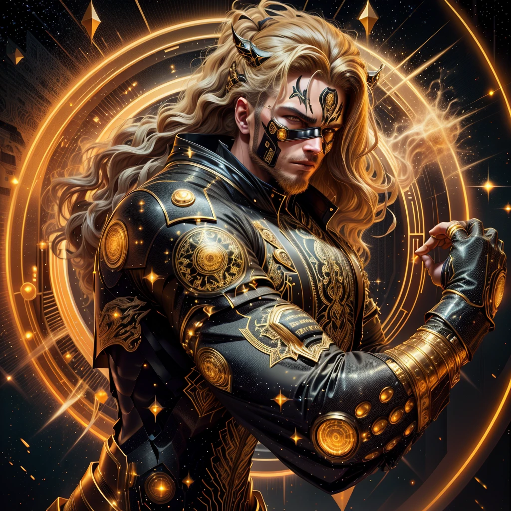 A muscled young beauty man wearing dark gray latex with brilliant yellow hologram ancient unknown characters projected by the suit on the air around him. He has a very long blonde and golden hair. Ultrarealistic Art in 4k. He IS running on a speed light and left behind him E=MC2 and 299 792 458 floating on the air.