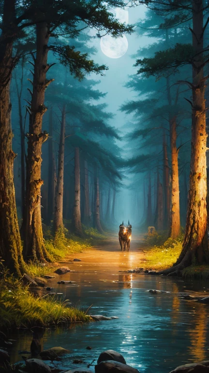 In the Dark、Ancient Forest、Dark Forest、Night Forest、Deep in the forest、Timberwolves、Wolf pack、Four-legged beast、Waterfront、A town swallowed by the forest, wild nature oil painting