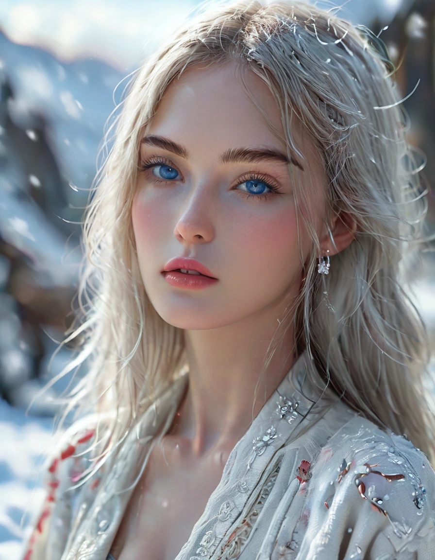 bombshell beauty, close up of face, young woman, 22 year old woman, young, woman who looks like a model from Paris Fashion Week, silvery long hair, straight hair texture, straight hair, silvery eyebrows, blue eyes, beautiful detailed eyes, white skin, ridiculously long hair, perfect face, high resolution, sharp focus, ultra detailed, highly detailed, photorealistic artwork, highly detailed CG unity, 8k, wallpaper, vibrant colors, vibrant themes, exquisite, masterpiece, best quality, artistic photography, photo by sldr, exquisite background) perfectly rendered face, perfect facial details, realistic face, photorealistic, exquisite details, realism, snowstorm, wide field of view, background is snowy mountains, white kimono, distant view, landscape, one woman seen from a distance, woman from behind
