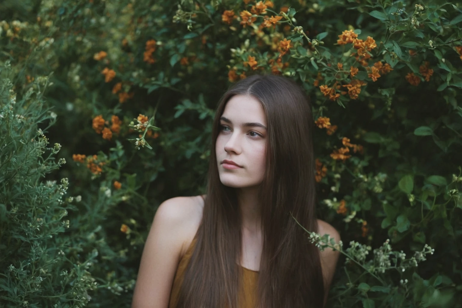 arafed woman with long brown hair standing in front of flowers, looking at the camera, infp young woman, amongst flowers, girl with brown hair, girl with long hair, 50mm portrait, 7 0 mm portrait, young with long hair, girl in flowers, a beautiful young woman, 3 5 mm portrait, beautiful young girl, monia merlo, 60mm portrait
