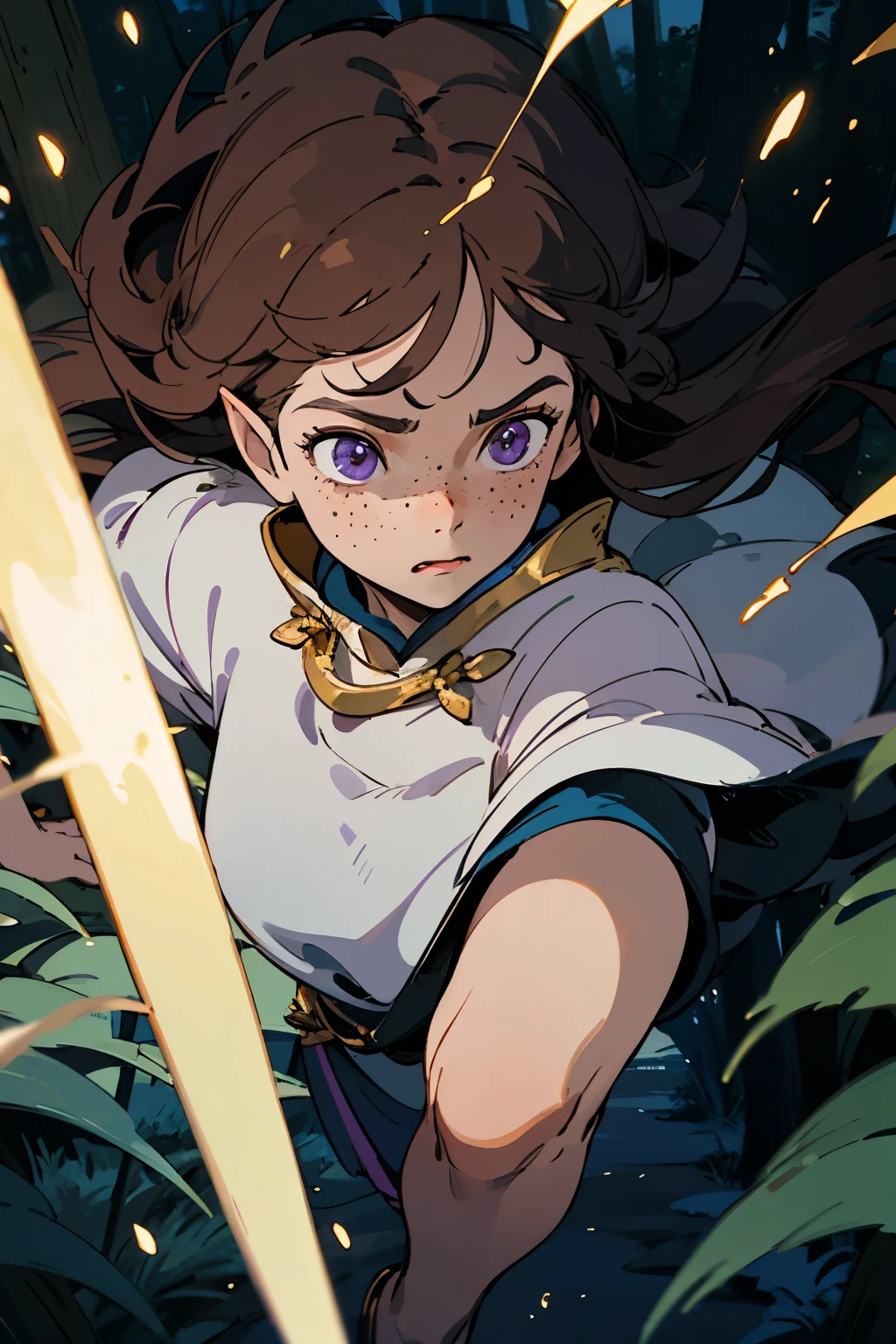 (masterpiece), best quality, expressive eyes, perfect face, magical, fantasy, DnD Character, woman, Half-elf, druid, long brown hair, lavender purple eyes, gold accessories, fair skin, pretty, freckles, in forest, druid clothing, magical glowing, magical forest, nighttime, scared expression, running away