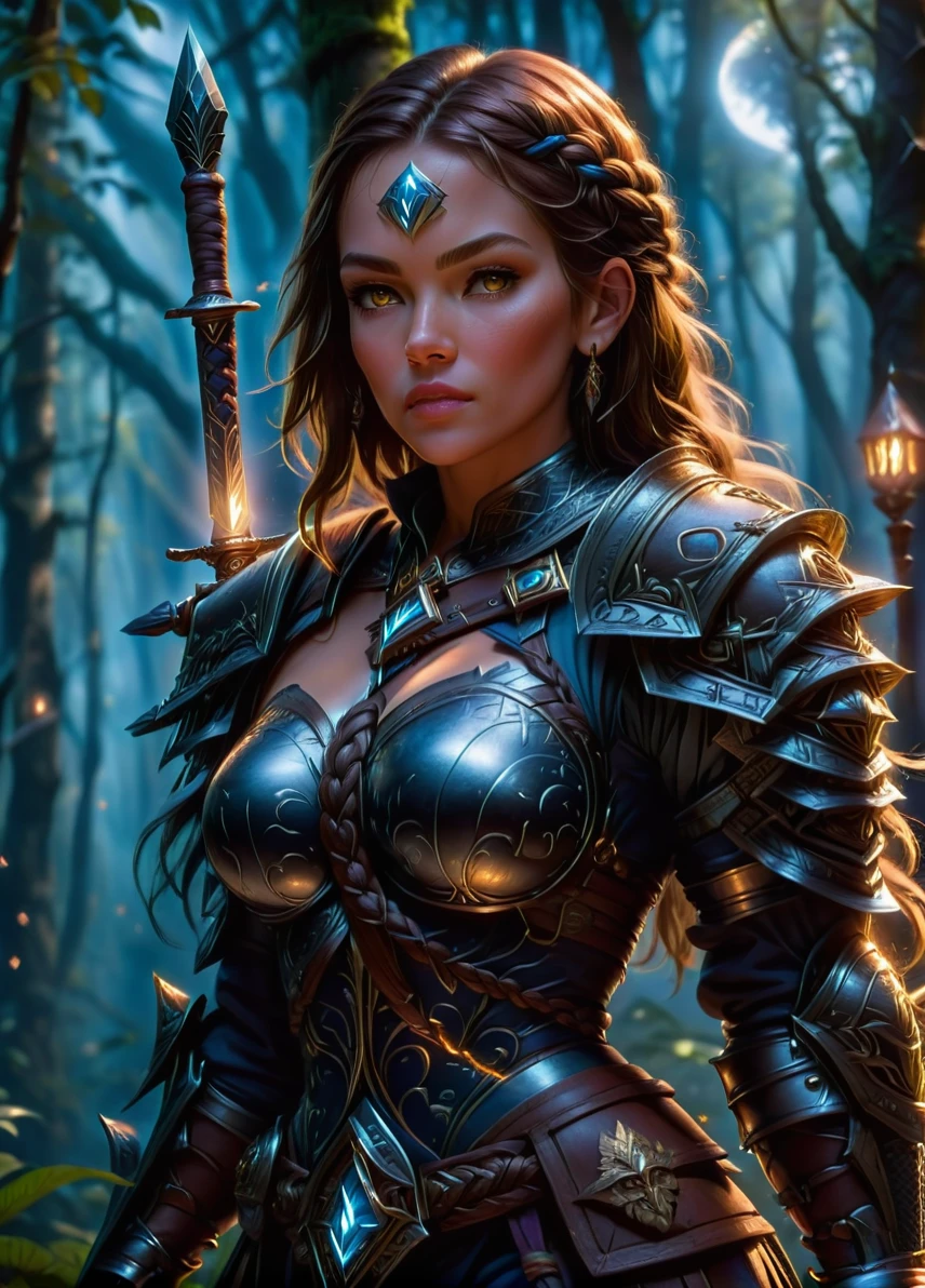 grizzled human adventurer warrior, mature female focus, (braided brown hair: 1.1), (face scar: 1.0), guild symbols and patterns, dark ethereal fantasy forest at night, holding an iron sword, full shot, ((looking at viewer:1.2), (from side:0.8)), full armor, athletic, volumetric lighting dynamic lighting, real shadows, vibrant contrasting colors, style of Stephen Hickman and Stan Manoukian, ultra realistic, masterpiece, high quality, highres, sharp focus, intricate, sharp details, highly detailed, rich color, 8K,