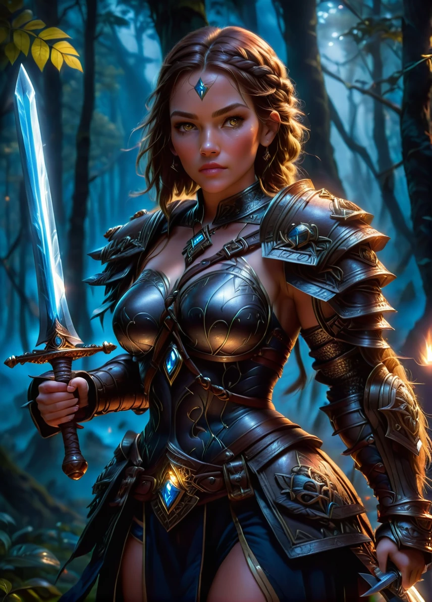 grizzled human adventurer warrior, mature female focus, (braided brown hair: 1.1), (face scar: 1.0), guild symbols and patterns, dark ethereal fantasy forest at night, holding an iron sword, full shot, ((looking at viewer:1.2), (from side:0.8)), full armor, athletic, volumetric lighting dynamic lighting, real shadows, vibrant contrasting colors, style of Stephen Hickman and Stan Manoukian, ultra realistic, masterpiece, high quality, highres, sharp focus, intricate, sharp details, highly detailed, rich color, 8K,