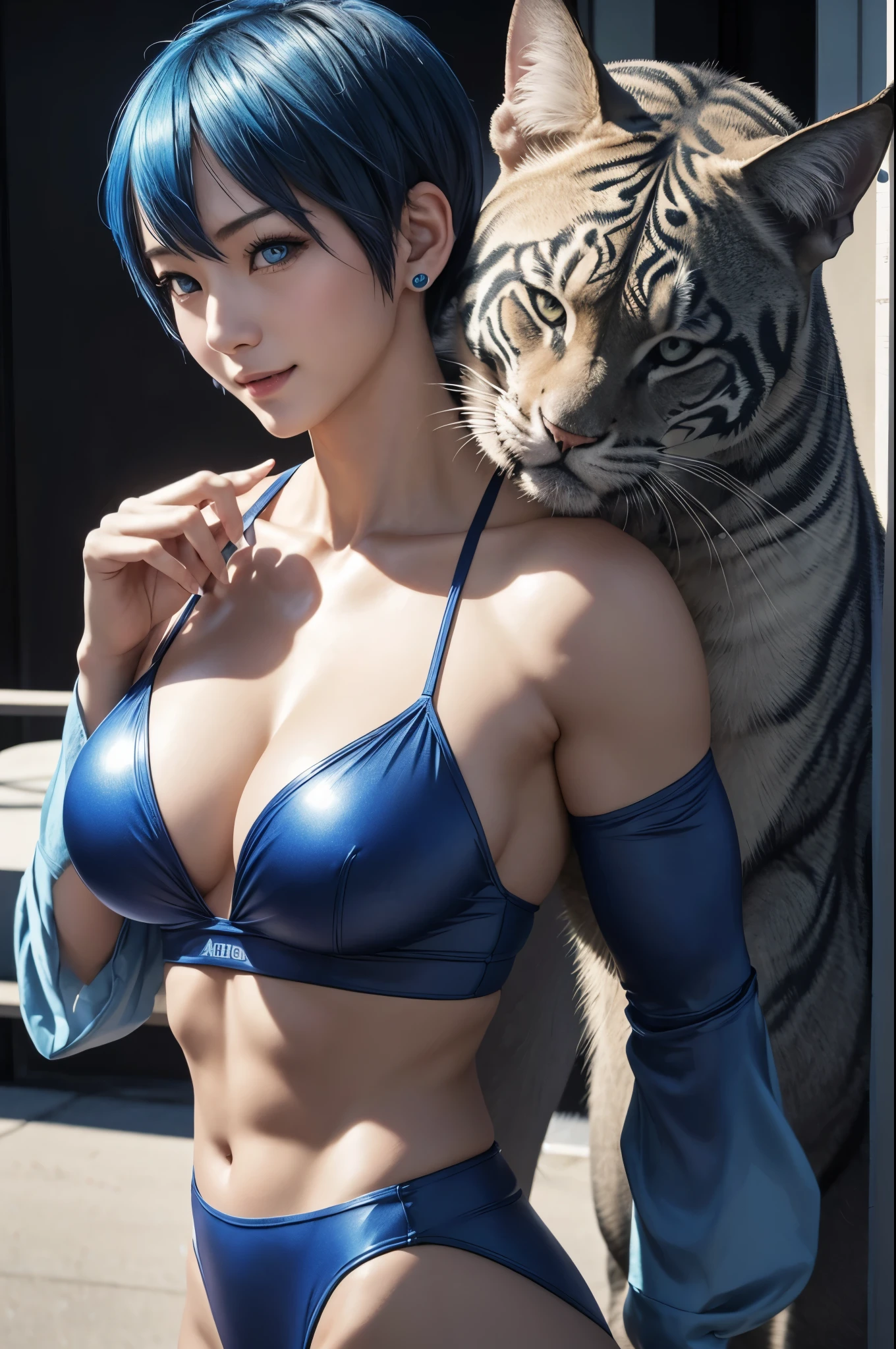 8K,非常に大きな胸と非常に大きな胸を持つアラフィフのwoman, Very detailed, so beautiful(Like the real thing),Shining Eyes,Pale skin(Ultra-Realistic Skin),His smile reveals his large fangs,Muscular and macho、そしてスレンダーボディの悪魔のようなwoman,Short blue mohawk(Blue Shorthair),woman'My abdominal muscles are severely torn,Fan Art Best Art Station, Wow and Types of bacteria, Wow art, art of Wow, Wow | Types of bacteria, 2. 5d cgi anime fantasy artwork, 8K high quality detailed art, Up to the model | Types of bacteria8K、Photorealistic RAW photos of the highest quality。so beautiful(Like the real thing顔) Bright colors、完璧なwomanのイメージ,Art Station Trends、masterpiece、8K resolution、Ultra-high resolution,charm,sexy,Rich colors, Backlight, Cinema Lighting, Film Grain, to be born, 50mm lens, Nikon D850,compensate,Blue and white Arabian breastplate(Detailed Coat of Arms),In front of the ruins in the forest,View your viewers,Numerous tattoos all over the body(Accurate tattoo details),On the head3本の角がto be bornえている(Details of the three corners),Pointy Ears,Lean and muscular lower body,Blue and white sarouel pants,Big eyes,flower,Tan Skin,