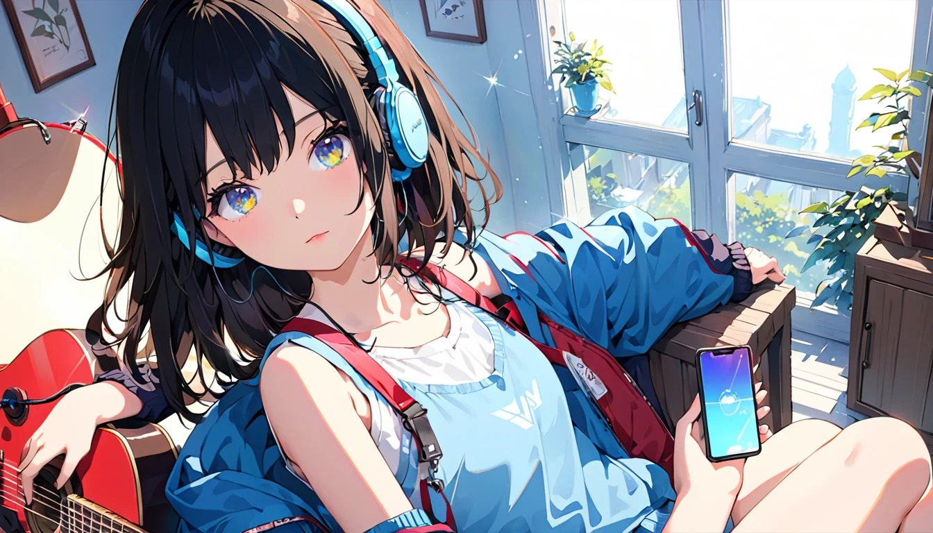 (Absurd:1.1, High resolution:1.1, 超detailed:1.1), 非常にdetailedな, 超detailed hair, (Fine grain:1.4), (Shining Eyes:1.3), thin,Close one eye, cute, Perfectly symmetrical face, narr○w waist, 超cute girl, 超cute face, 超cute, Super beautiful, Beautiful colors, merry (Yanmar gauge),From wlop,((Great quality)), (Beautiful legs), Sitting, smartphone, Upper body rest (Beautiful colors,detailed,Highest quality,Great quality,so beautiful), guitar, Headphones, Jacket, Tank top, Chair, Lighting and Shadows(perspective), Lighting particles, colorful, masterpiece, Stylish room,