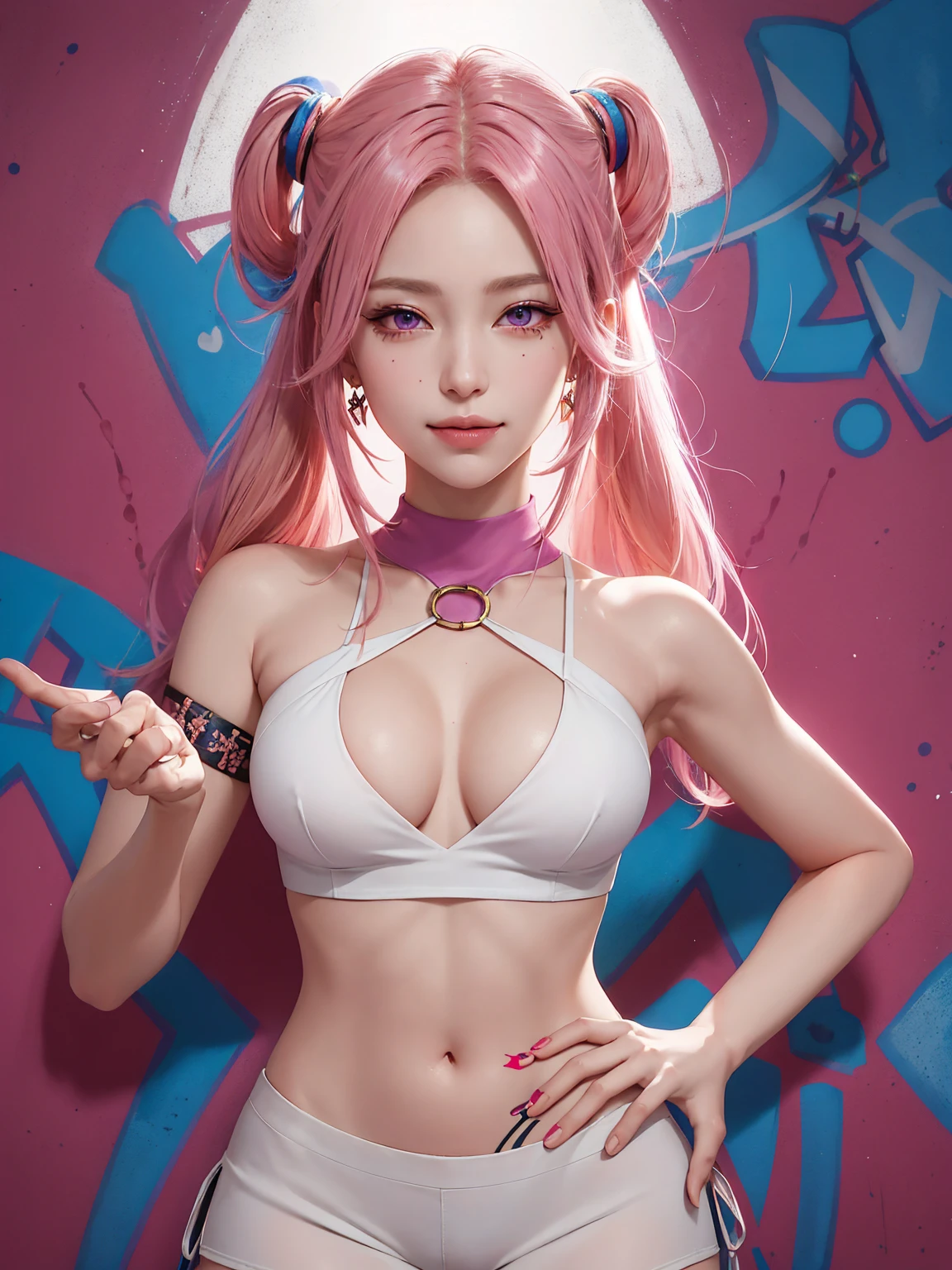 (Masterpiece, best quality, 1 girl, alone, complicated details, Chromatic aberration), realistic, ((Moderate breath)),long hair, pink hair, Red headpiece, Pink Highlights, hair on one eye,purple eyes, earring, sharp eyes, choker, Neon coat, She wears a collar, bangle, and kimono style garters., crop top, (symmetrical eyes),(Perfect symmetrical body),against the wall, Brick wall, (colorful graffiti words on the wall:1.2), The light is dim., alley ,Look at the viewer.、Dig the chest、smile、(sleeveless、Navel touch、Fitted turtleneck.)、street string hot pants、Thin bottom、Please build above the eaves..、Thin shoulders、