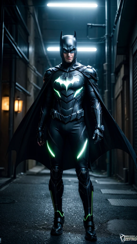 Masterpiece, best quality, NVIDIA RTX, sharp picture, ultra details, cinematic lightning, hi-tech futuristic batman:1.3, perfect face details, proportional body, facial hair, luminous eyes:1.3, perfect mouth:1.3, neon luminous cybernetic-armor:1.3, black gold cybernetic-armor:1.3, perfect cape, cape blown by strong winds:1.3, symmetrical pose, full body, epic lights reflections, night, dark alley, fogs
