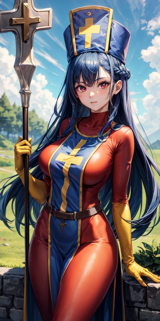(masterpiece, best quality:1.1), priest \(dq3\), 1girl, solo, long hair, blue hair, red eyes, mitre, tabard, cross print, orange bodysuit, elbow gloves, large breasts, holding, staff, nature, blue sky
