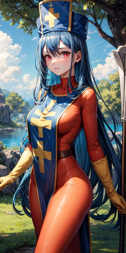(masterpiece, best quality:1.1), priest \(dq3\), 1girl, solo, long hair, blue hair, red eyes, mitre, tabard, cross print, orange bodysuit, elbow gloves, large breasts, holding, staff, nature, blue sky, cowboy shot, 