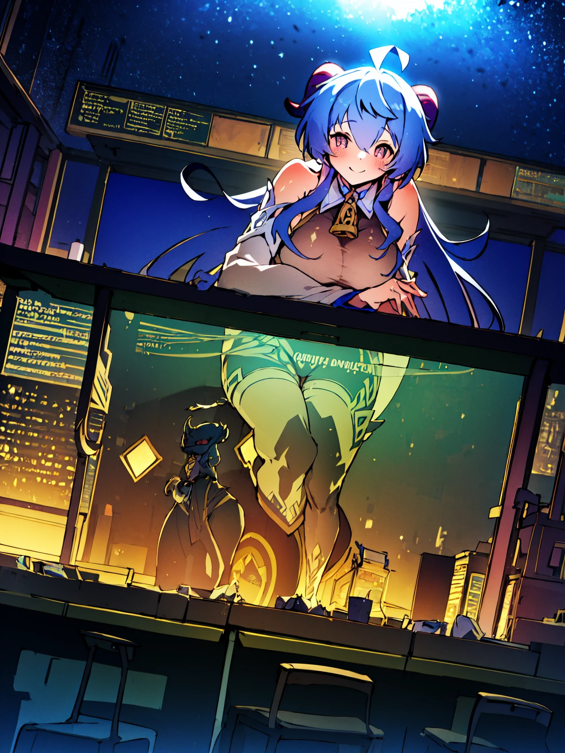 Very detailed,Pieces fly, Highest quality, Anime Images, Anime style etc.., Hired \(Genshin Impact\), Sit at the table, View from above, smile, 1 Girl, Twin Horn, ticker,Fits your body type, I can see the pussy , blush, Colorful pastel fantasy,Sexy pose,Very detailed background,Nice views,Beautiful and beautiful scenery,((Very detailed landscape)),Incredibly high quality,Night Sky