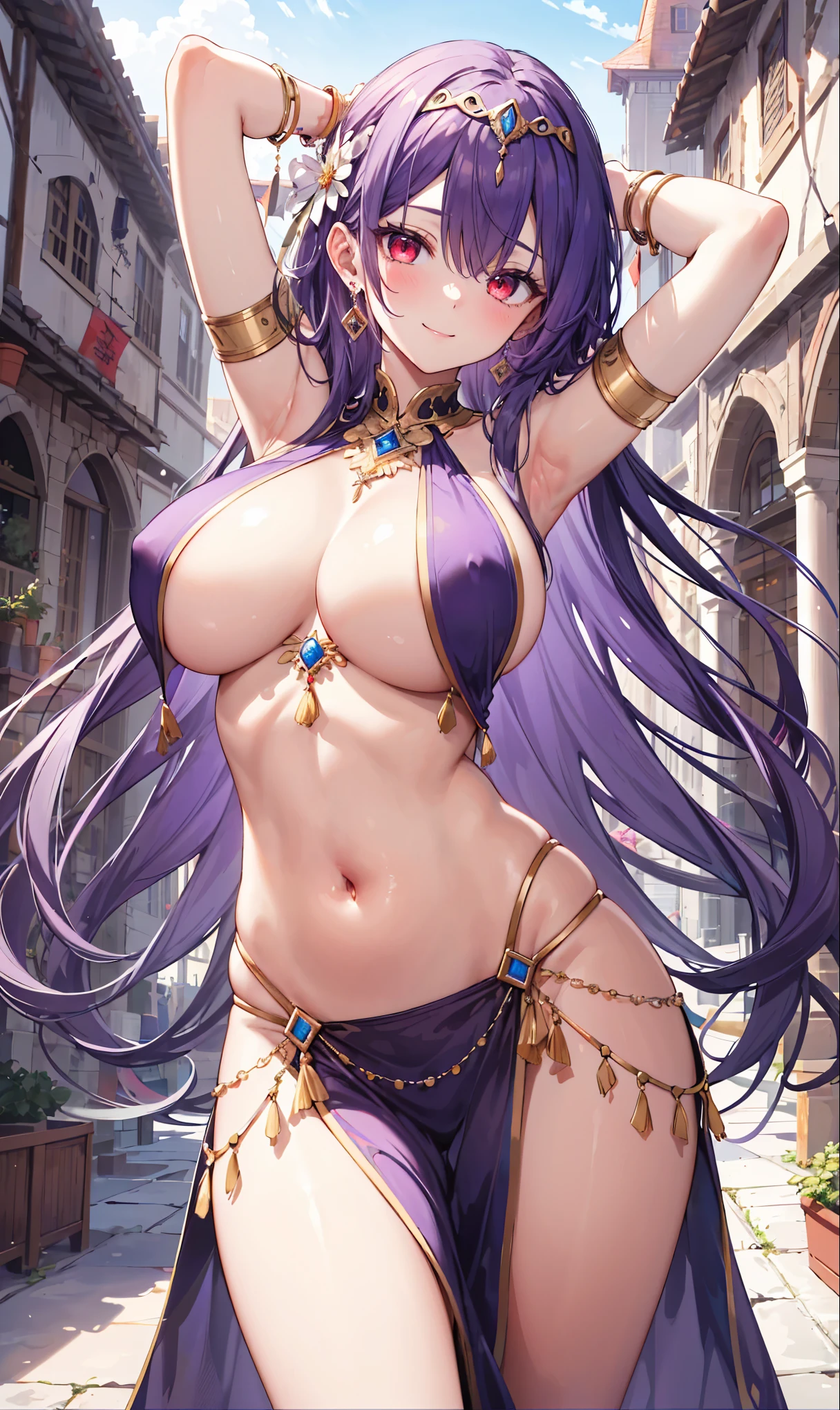 high quality, ultra detailed, best quality, insanely detailed, beautiful, masterpiece, 1girl, medieval plaza, cowboy shot, red eyes, long hair, purple hair, belly dancer, circlet, earrings, armlets, bracelets, bashful smile, large breasts, cleavage, soft stomach