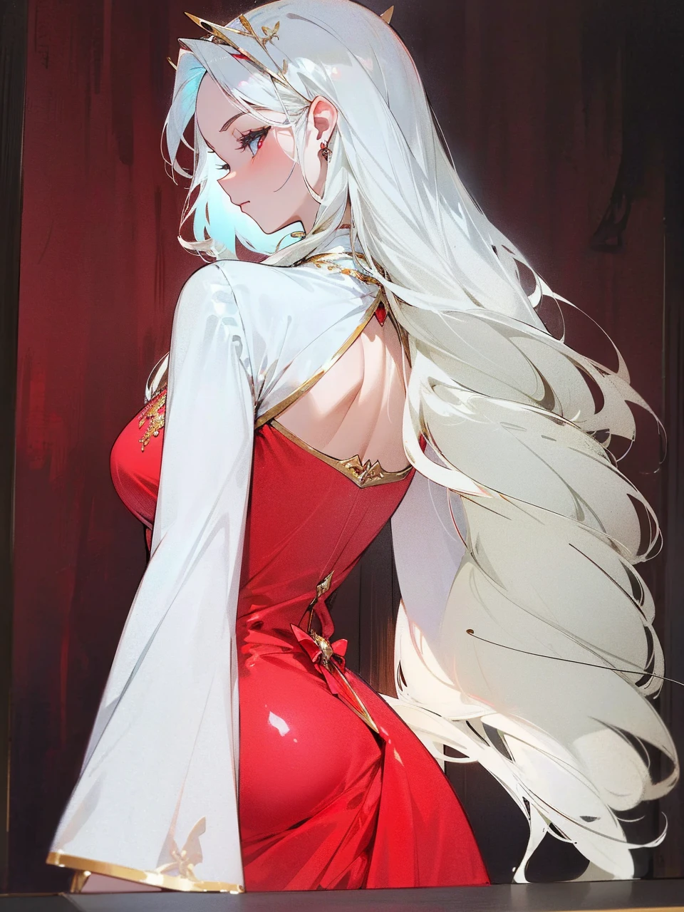 Add in roses to her dress, a good back dress design with some golden jewelry, make her dress into a red and white gown with a hat, give her some unique Jewelry, and make her look somewhat of a demonic angel like appearance to her