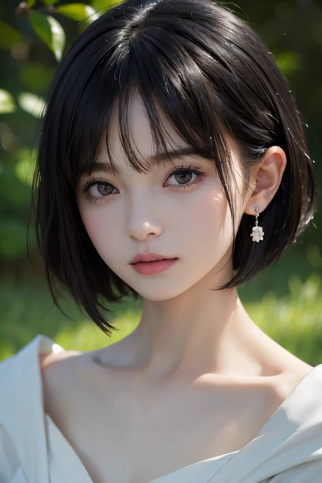 (((Black Short Hair))), (grassland), Seductive pose, 背景がgrassland、Image from chest up:1.6)、Close-up portrait of a woman wearing a white off-the-shoulder top dress and earrings, Soft portrait shot 8k, Nice delicate face, High-quality 4K portraits, High-quality portraits, Soft, perfect, pale skin, 8K Highly Detailed Face, なbeautiful繊細な顔, beautiful光の大きな目, Beautiful and realistic face, beautiful14Old woman, Beautiful and realistic face, cute14Old woman