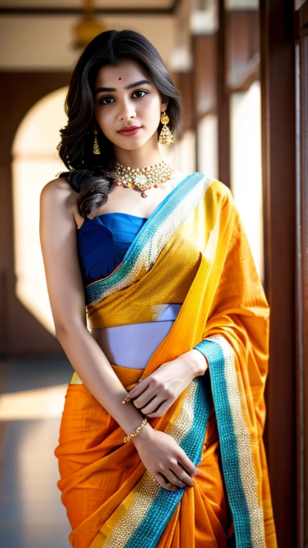 a beautiful young indian woman, intricate saree with colorful patterns, flowing fabric, delicate jewelry, elegant makeup, serene expression, natural lighting, photorealistic, (best quality,4k,8k,highres,masterpiece:1.2),ultra-detailed,(realistic,photorealistic,photo-realistic:1.37),8k, high resolution, vibrant colors, detailed textures, ornate accessories, graceful pose, warm lighting, cinematic composition