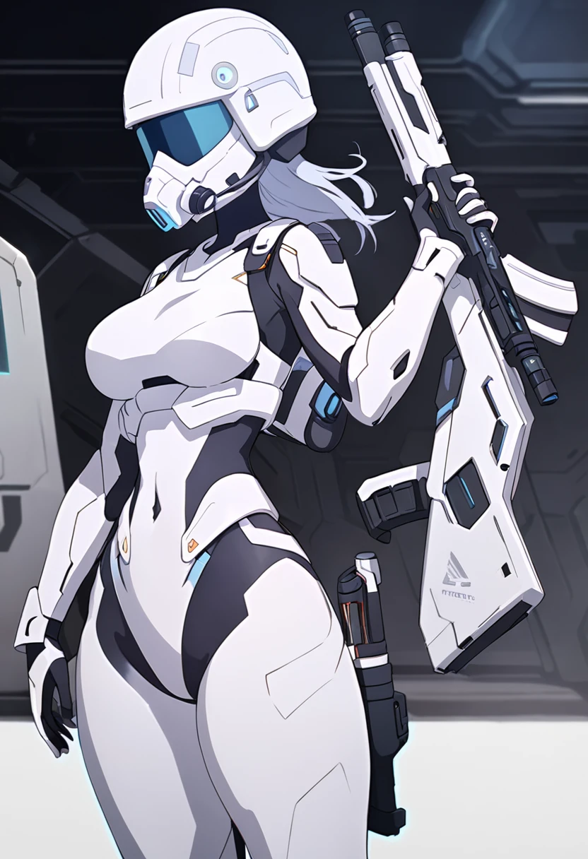 young woman, slightly curvy body, Science fiction, white ceramic armor, high-tech combat helmet with respirator, armed with a pulse shotgun