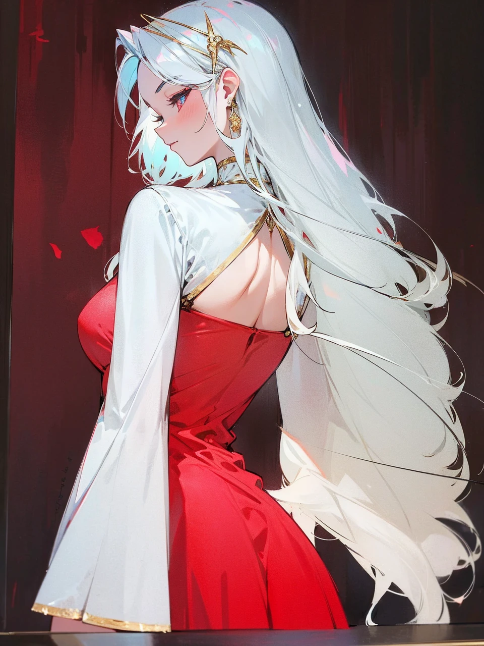 Add in roses to her dress, a good back dress design with some golden jewelry, make her dress into a red and white gown with a hat, give her some unique Jewelry, and make her look somewhat of a demonic angel like appearance to her