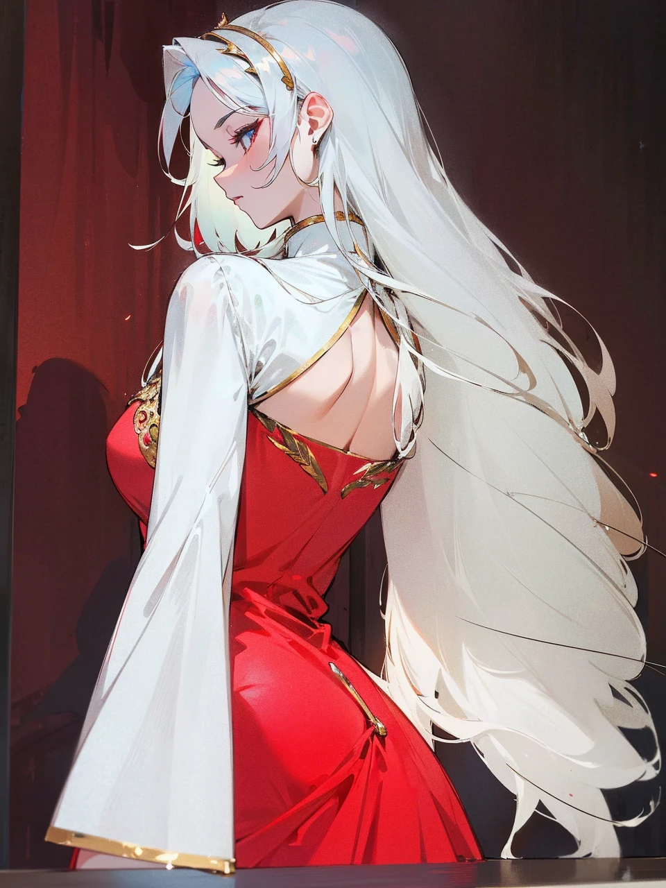 Add in roses to her dress, a good back dress design with some golden jewelry, make her dress into a red and white gown with a hat, give her some unique Jewelry, and make her look somewhat of a demonic angel like appearance to her