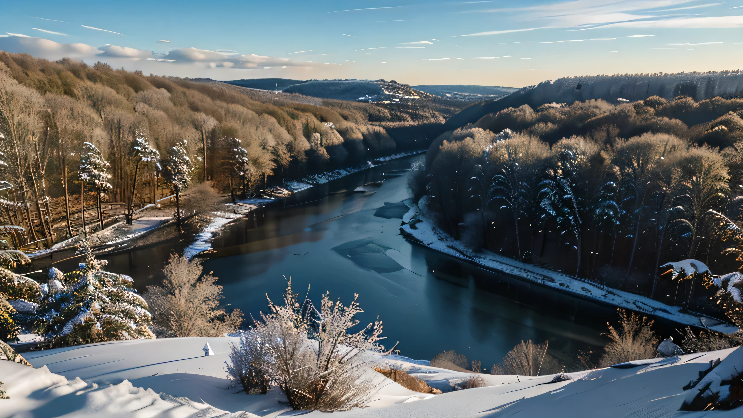 winter, view from a cliff, forest, river, in the distance, beautiful, fairytale-like