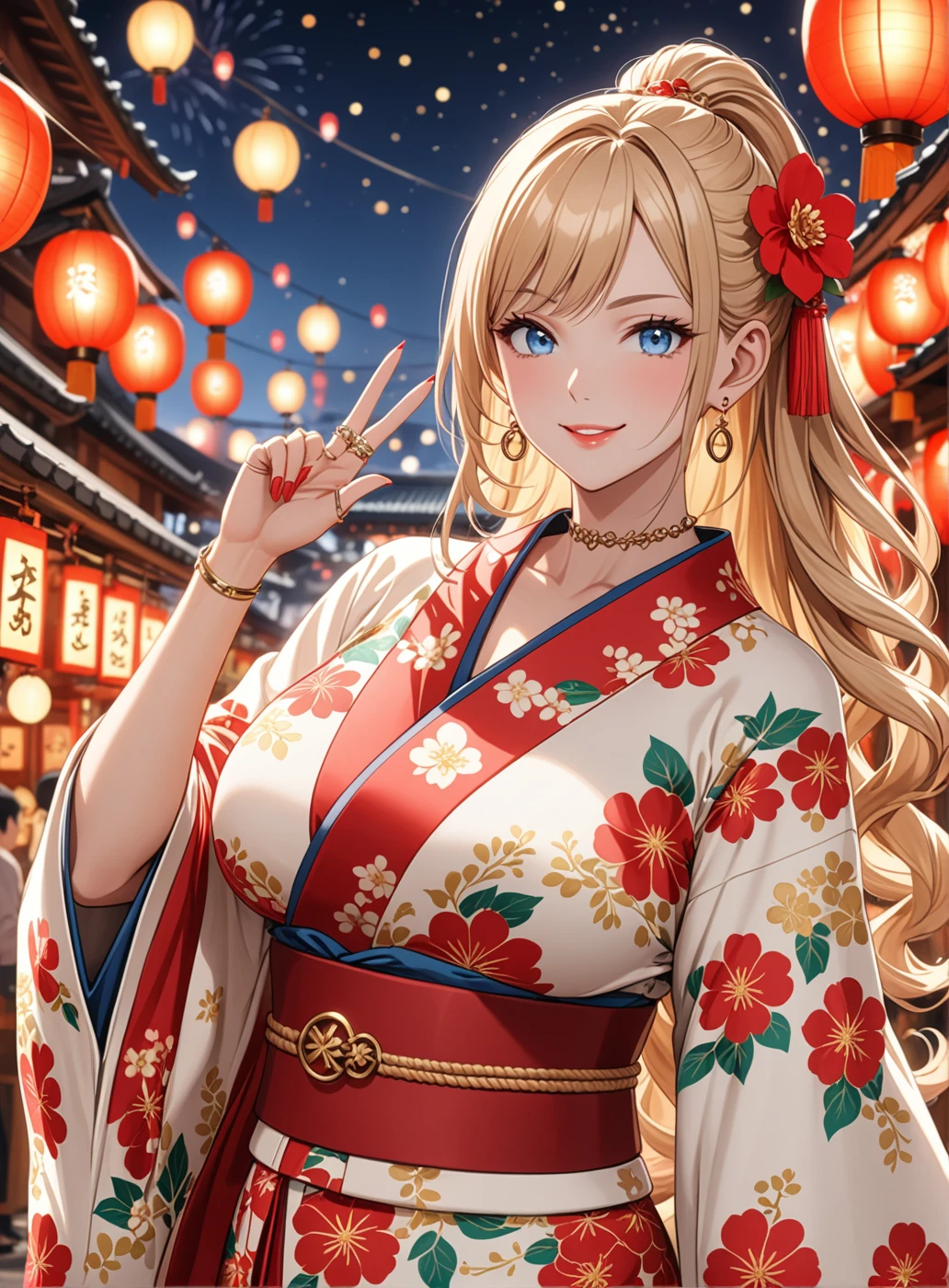 ((One personの女性)), Beautiful Face, (Laugh shyly), ((smirk:1.3)), ((Wink:1.4)), (Tilt your head:1.3), View your viewers, ((Bright red cheeks:1.6)),Glossy Red Lips, ((Big Breasts:1.4)) night, Shrine festival stalls,firework , (Shining Face), ((Anime style background)),masterpiece, Highest quality, so beautiful,Latest, Complex details, (Pink long nails), (nail art), (ring),(bracelet), (ring helix piercing:1.7), (Floral Choker),AI-generated, Complex,High resolution, Highest quality, super high quality,3D Images、3D Images,One person,Blonde long hair,(High Ponytail), (Wavy Hair), Anime woman posing for a photo, ((fine grain、blue eyes、Shining Eyes:1.4)), (Squint your eyes:1.1),a hyperRealistic , hyperRealistic , Realistic,Long blonde anime woman, Smooth anime CG art, Pink large floral patternの刺繍が入った、Woman in luxurious kimono, ((White long-sleeved kimono)),(Pink large floral pattern) ,Long flower hair ornament,Earrings,Mature Body, expensive,Abdominal muscles,Tight waist, ((Making a peace sign)),(Face Focus:1.3), (Front view),